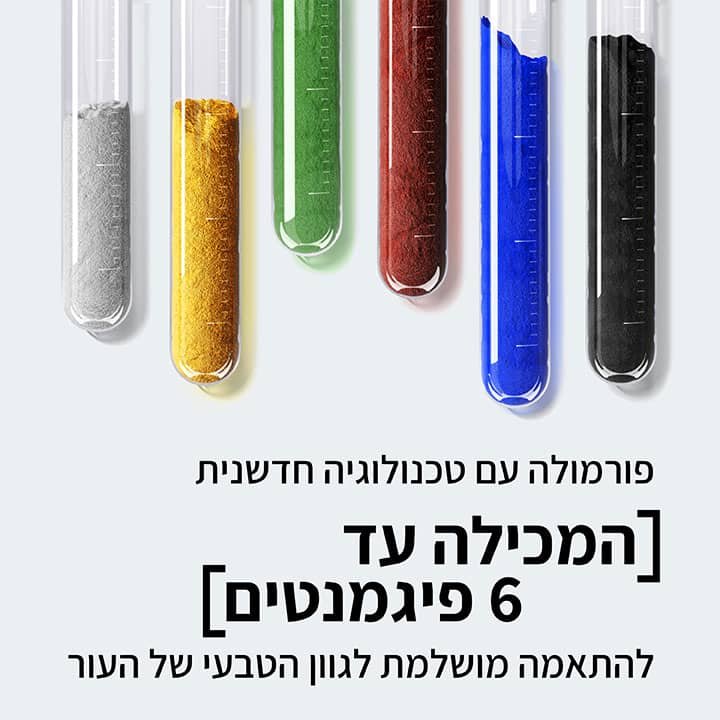 פורמולה עם טכנולוגיה חדשנית המכילה עד 6 פיגמנטים, להתאמה מושלמת לגוון הטבעי של העור.
